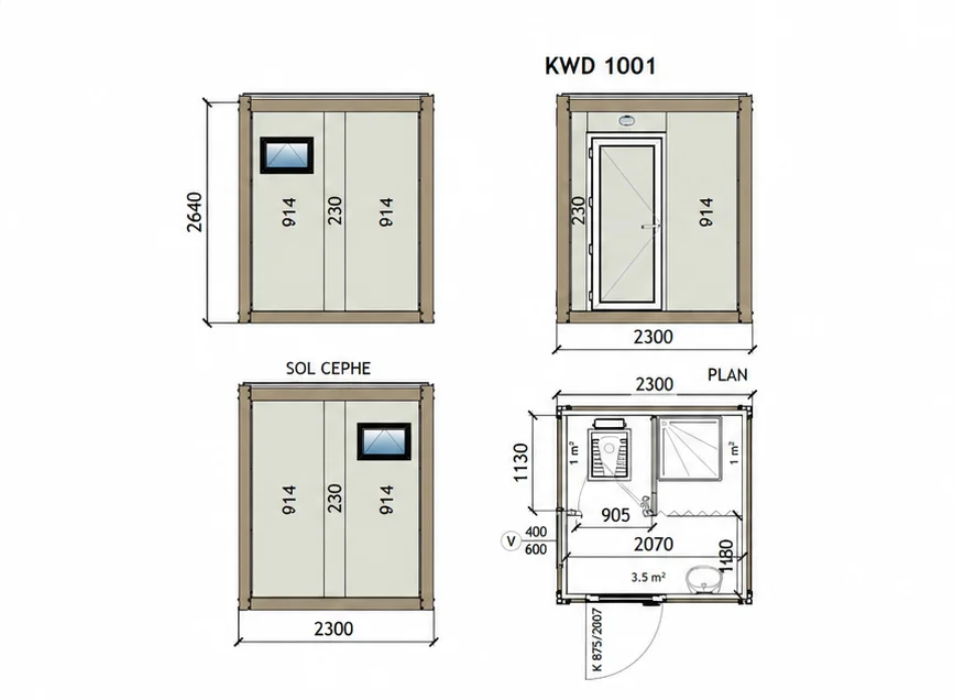 Plan du modèle Bungalow sanitaire 2,3 × 2,3 m – CIBO World Côte d'Ivoire