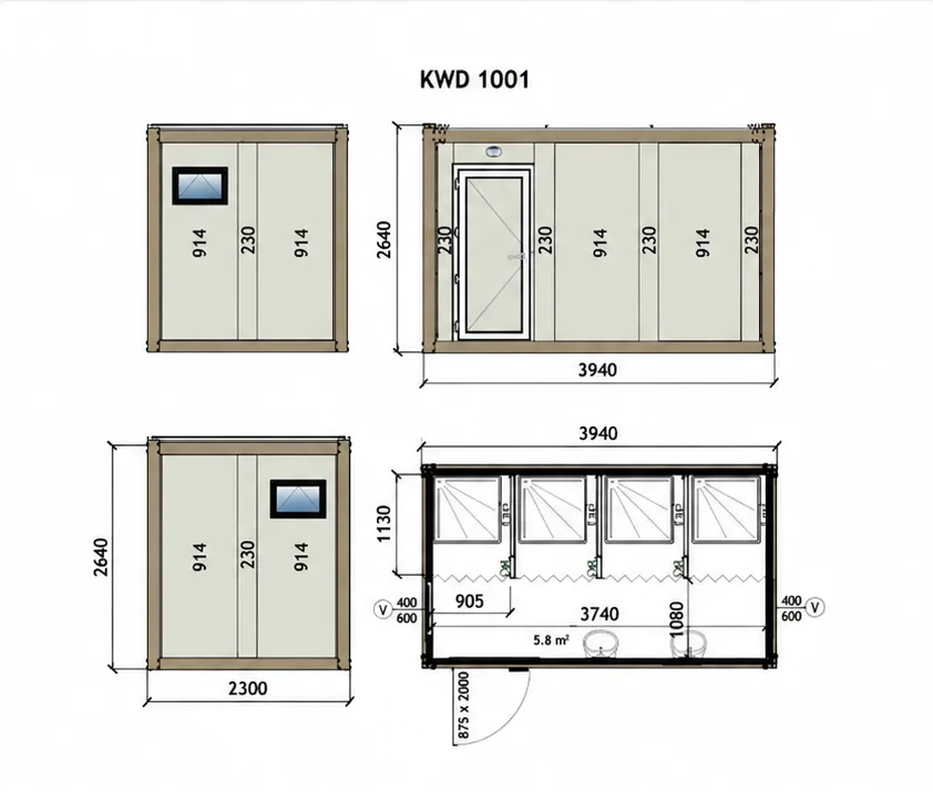 Plan du modèle Bungalow sanitaire 2,3 × 4 m – CIBO World Côte d'Ivoire