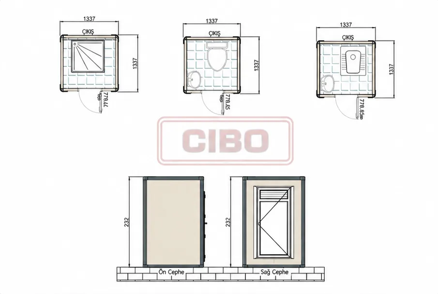 Plan du modèle Cabine sanitaire 1,35 × 1,35 m — douche & WC – CIBO World Côte d'Ivoire