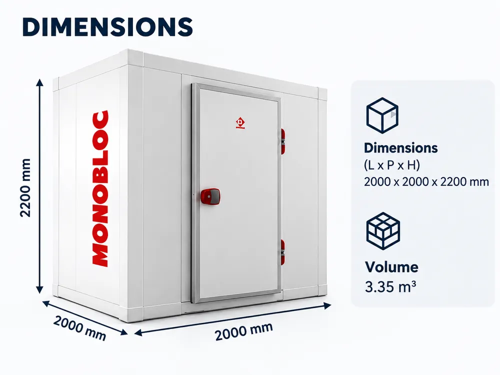 Dimensions de la chambre froide négative C65B/BF : 2000 × 2000 × 2200 mm, volume 3,35 m³