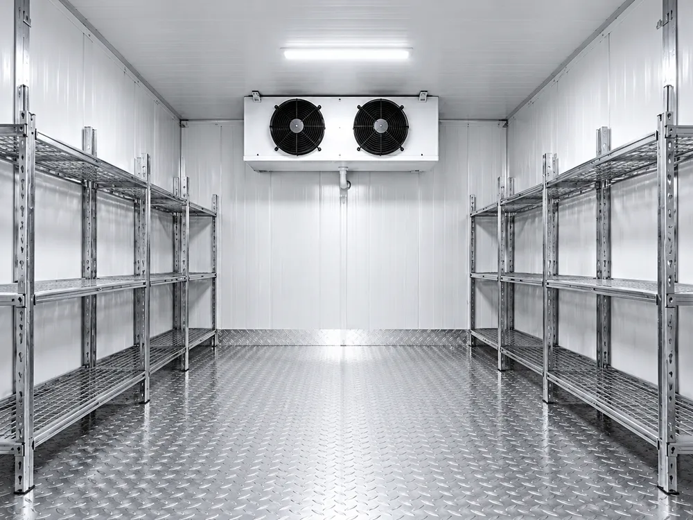 Intérieur d'une chambre froide négative avec rayonnages et évaporateur – CIBO World Côte d'Ivoire