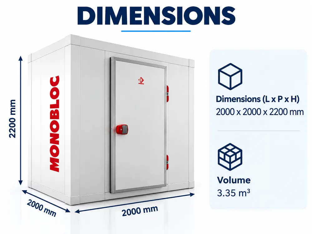 Chambre froide positive C65B/BF : 2000 × 2000 × 2200 mm, volume 3,35 m³ – CIBO World Abidjan, Côte d'Ivoire