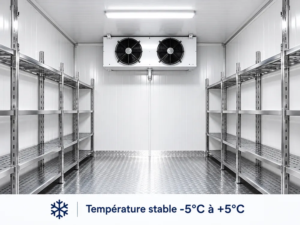 Intérieur d'une chambre froide positive −5 °C à +5 °C avec rayonnages – CIBO World Côte d'Ivoire