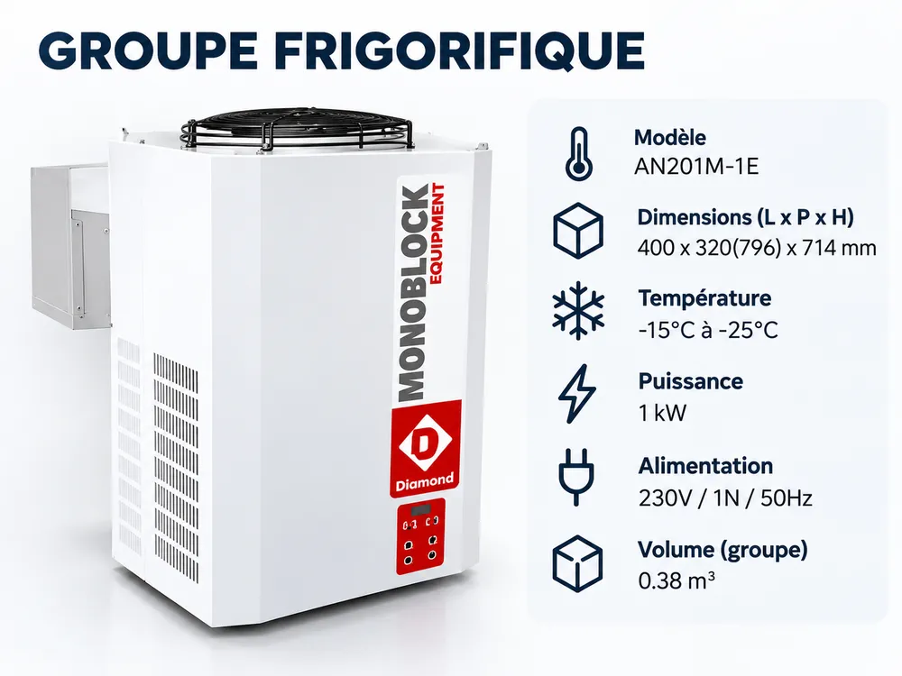 Groupe frigorifique AN201M-1E : −15 °C à −25 °C, 1 kW, 230 V / 1N / 50 Hz – chambre froide négative Abidjan