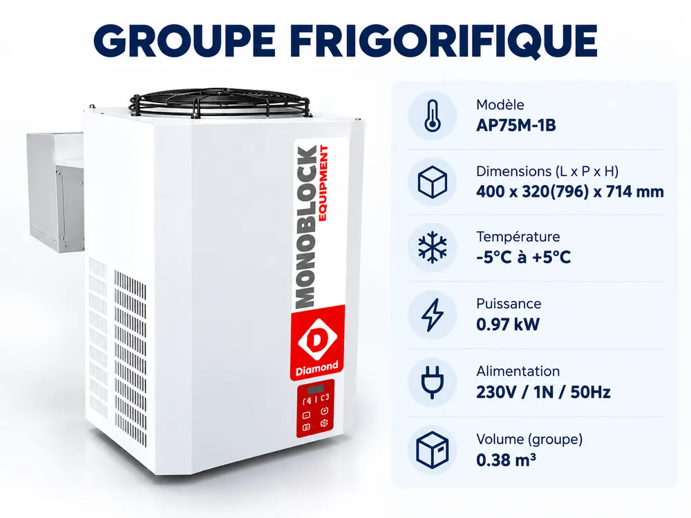 Groupe frigorifique AP75M-1B : −5 °C à +5 °C, 0,97 kW, 230 V / 1N / 50 Hz – chambre froide positive Abidjan