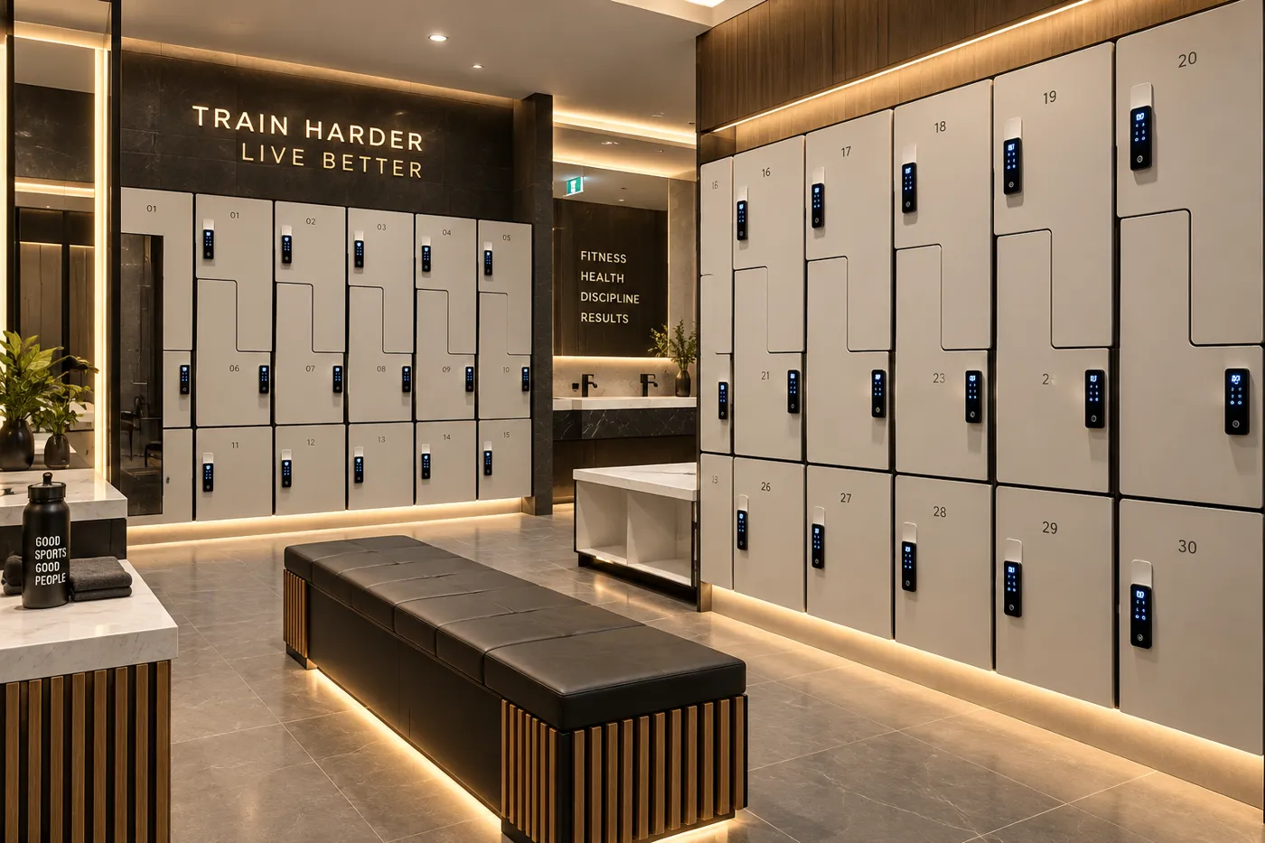 Vestiaires sportifs 60 m² – équipement sportif CIBO World à Abidjan, Côte d'Ivoire